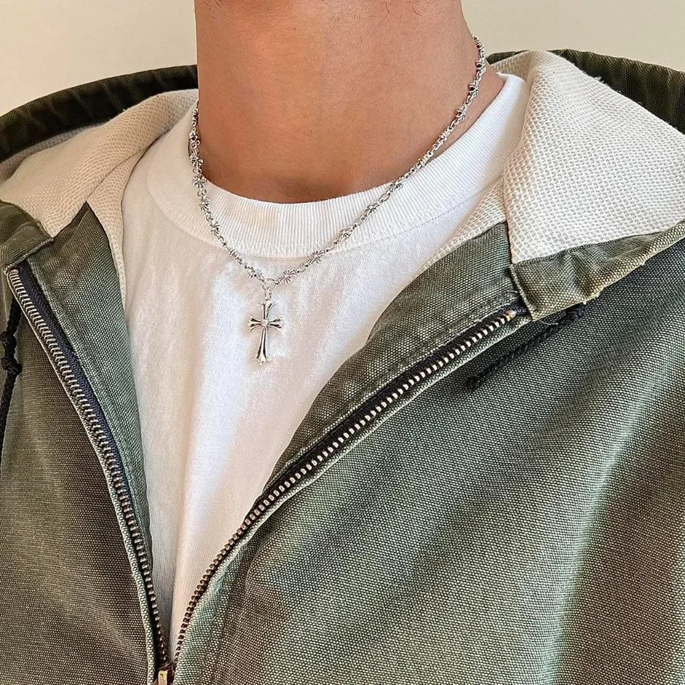 vintage y2k grunge chrome color silver cross pendant necklace
